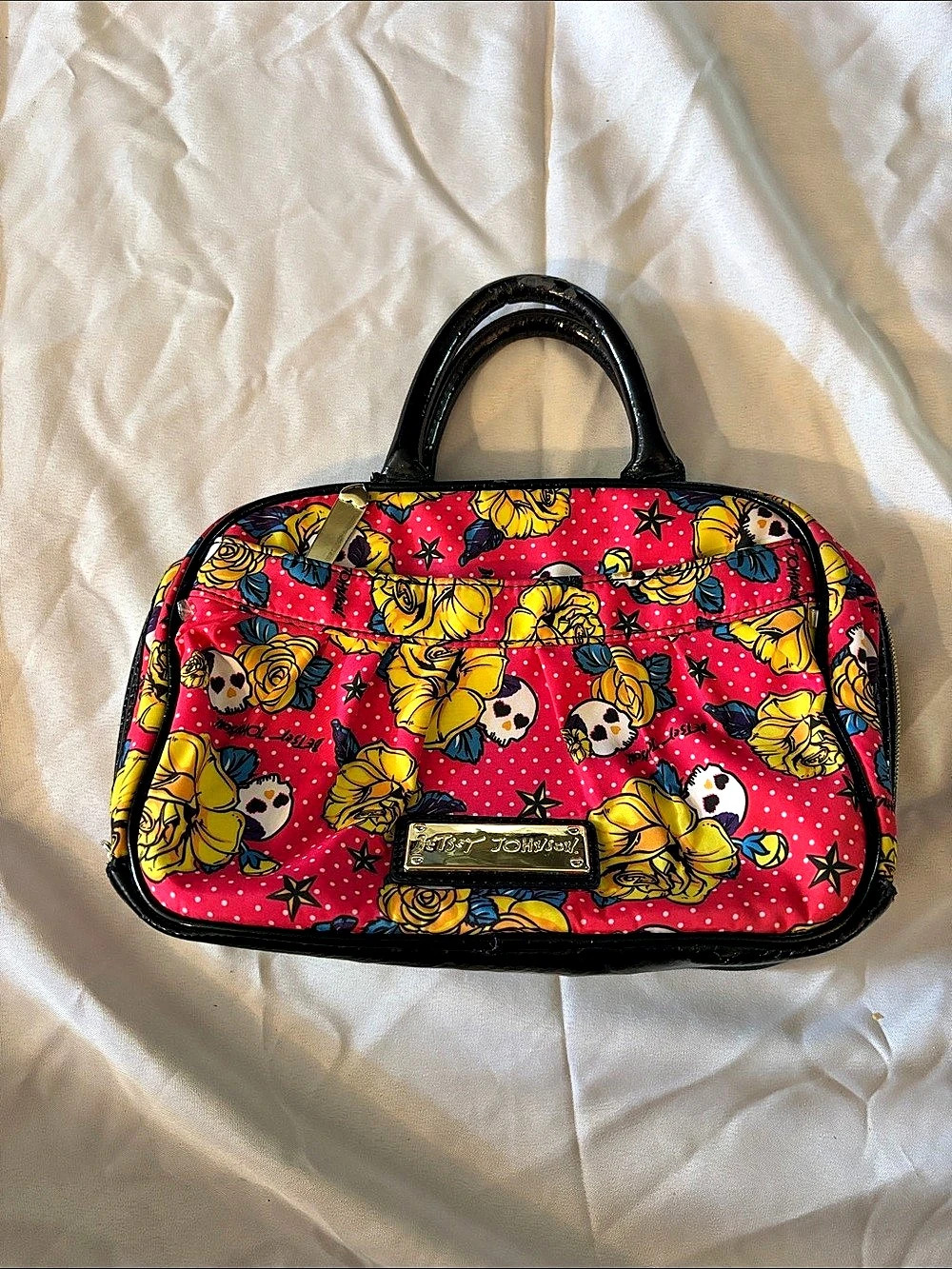 Betsey Johnson Skull Rose Polka Dot Purse in Pink & Yellow